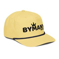 Yellow cap with 'BYMANY' logo on a white background