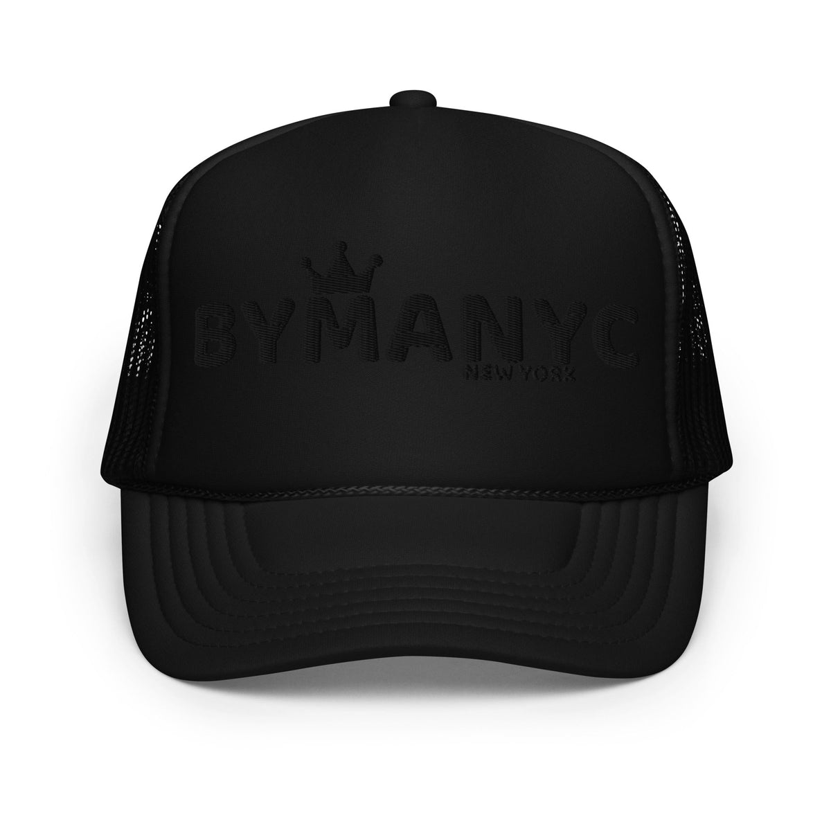 Black trucker cap with 'BY MANN' branding on a white background