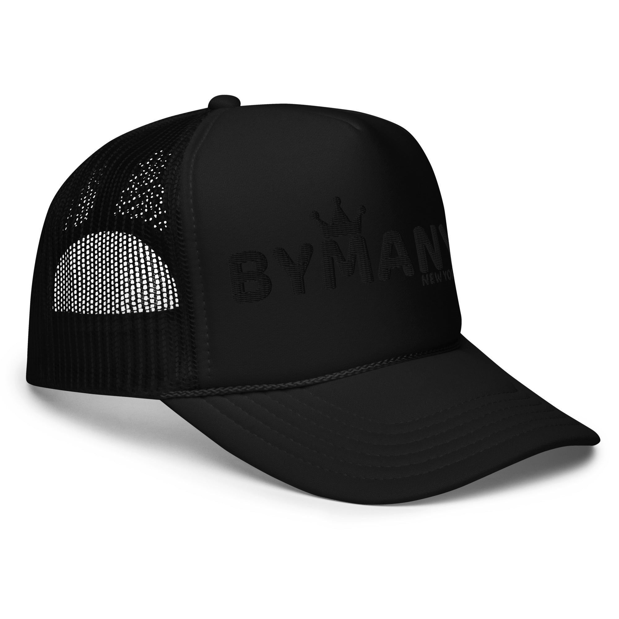 Black trucker cap with mesh back and 'BYPAN' branding on a white background