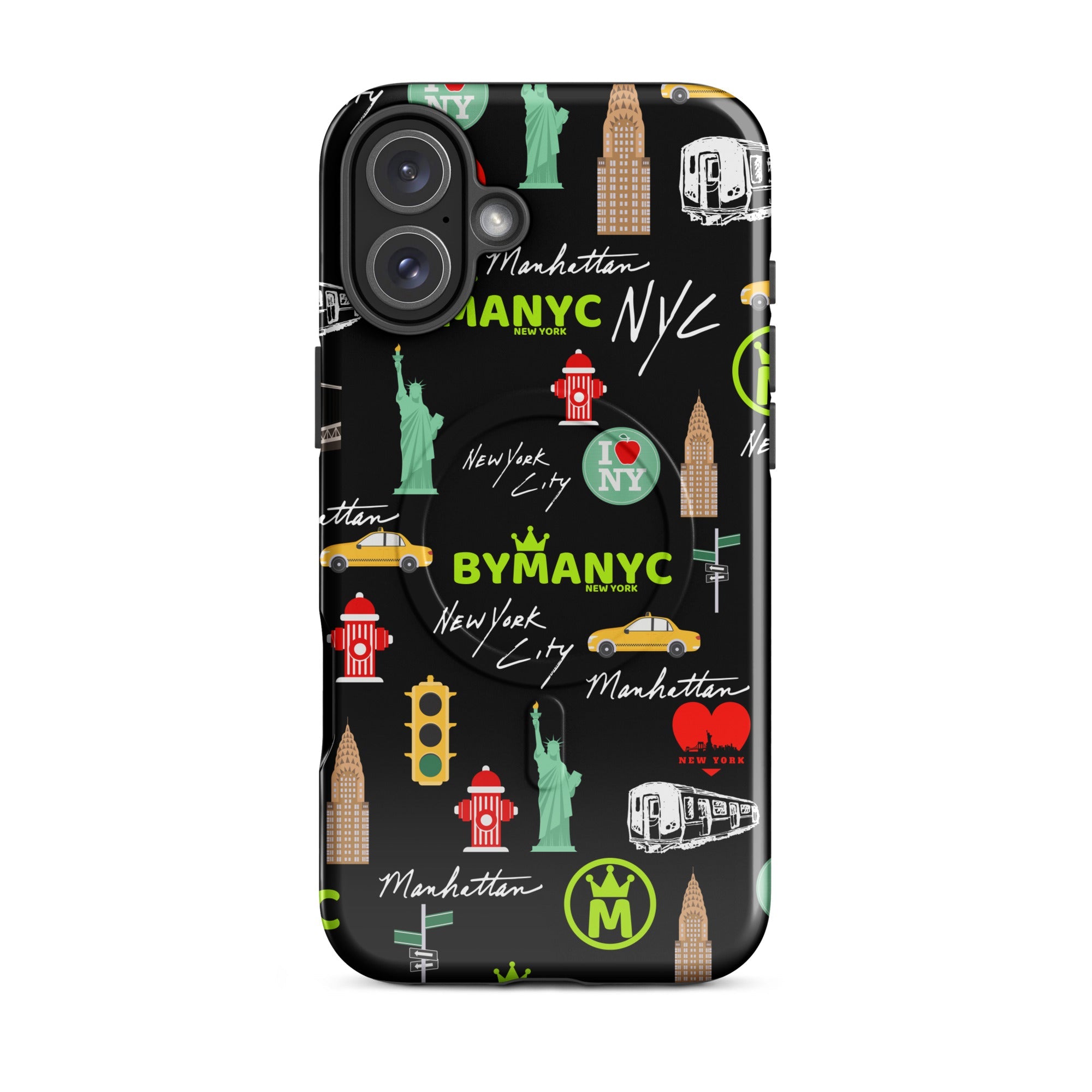 Phone case with New York City-themed designs on a black background