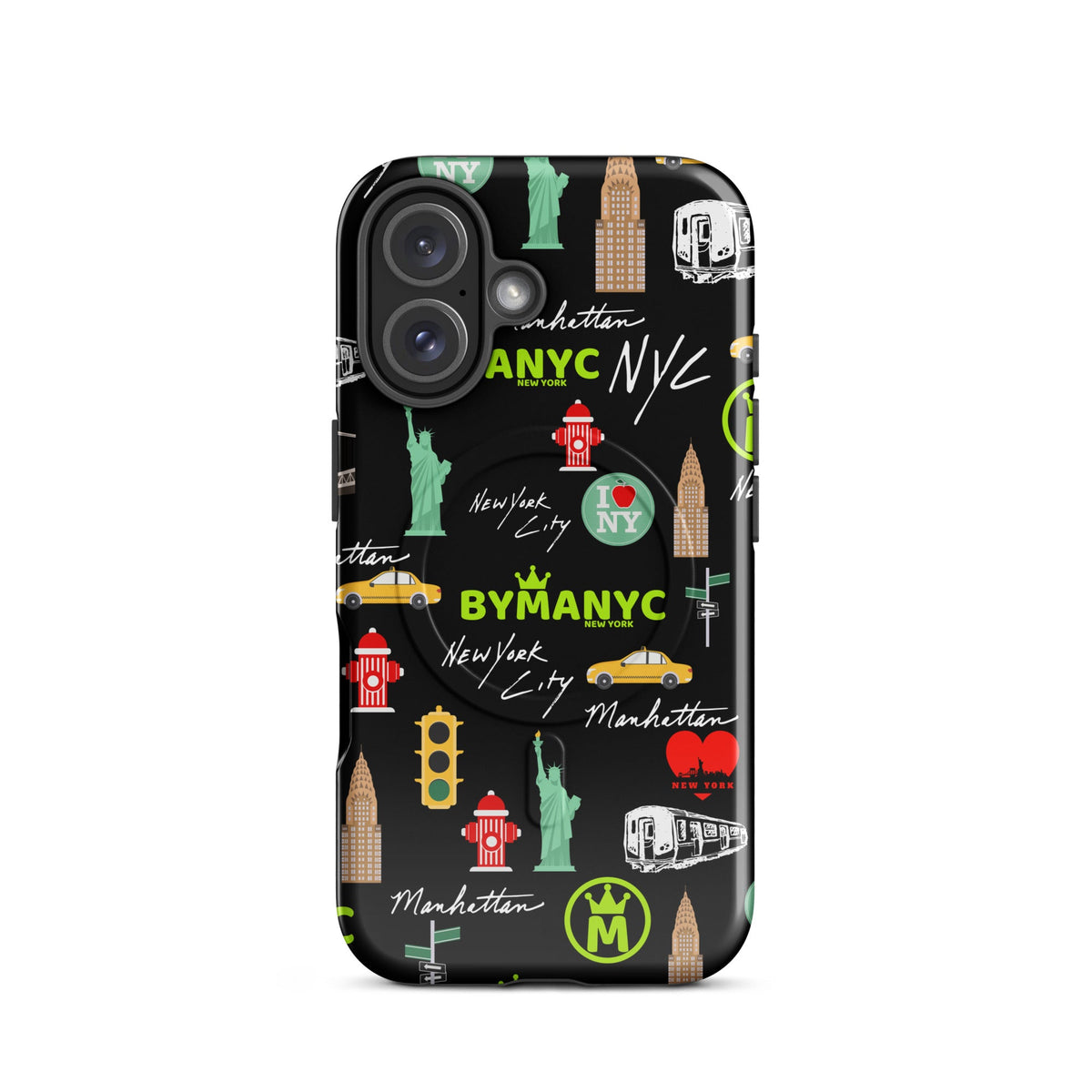 Phone case with New York City-themed design on a black background