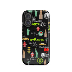 Phone case with New York City-themed design on a black background