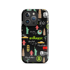 Phone case with New York City-themed design on a black background