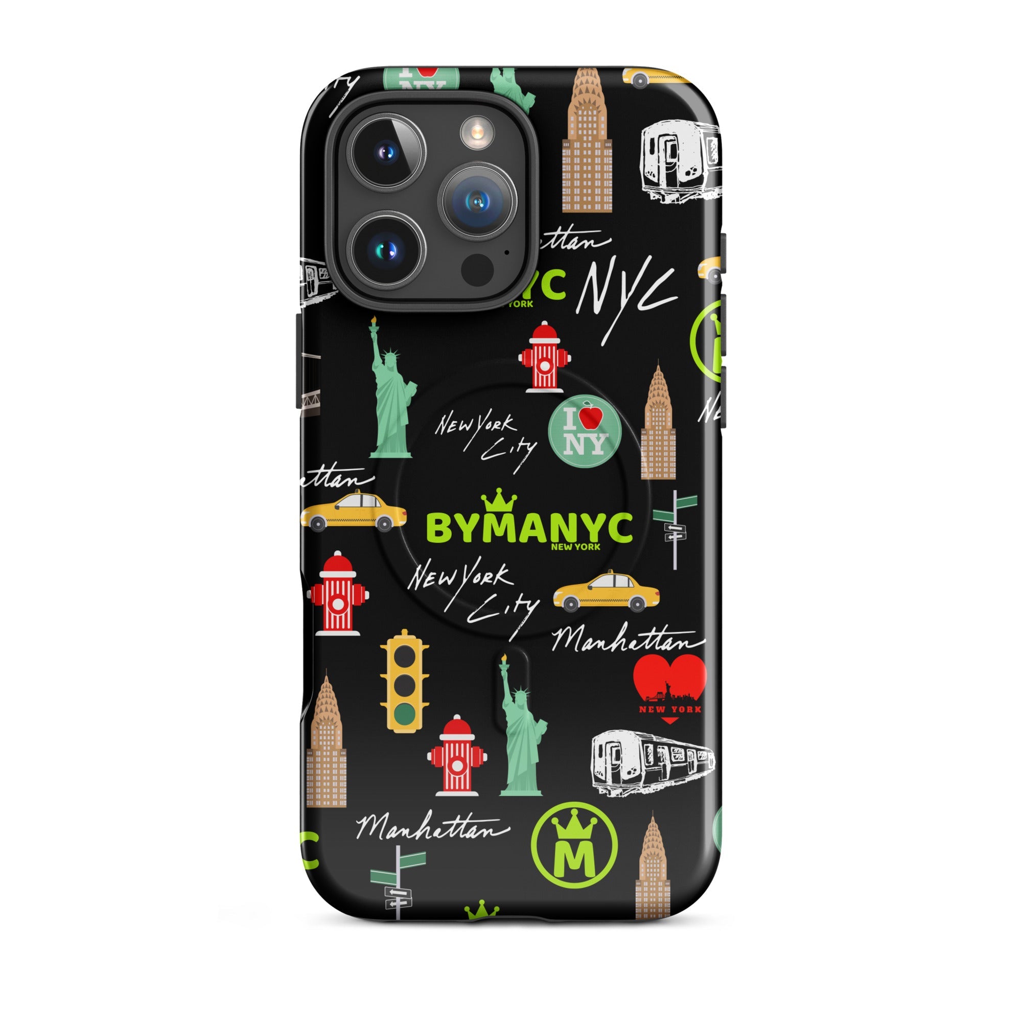Phone case with New York City-themed design on a black background
