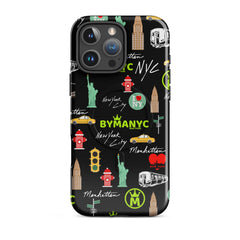Phone case with New York City-themed design on a black background