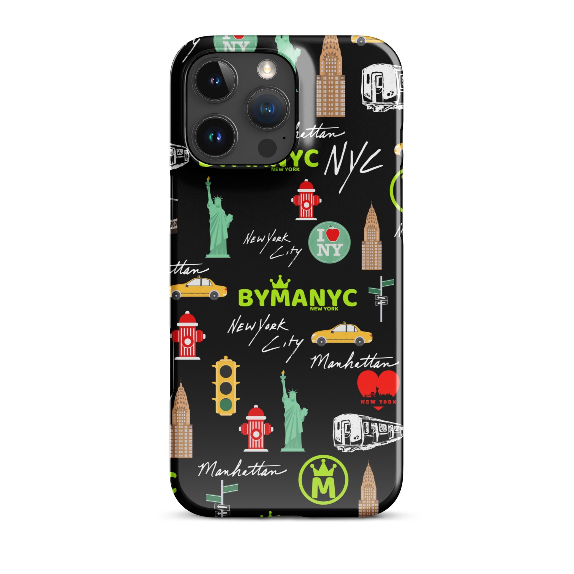 Phone case with New York City-themed design on a black background