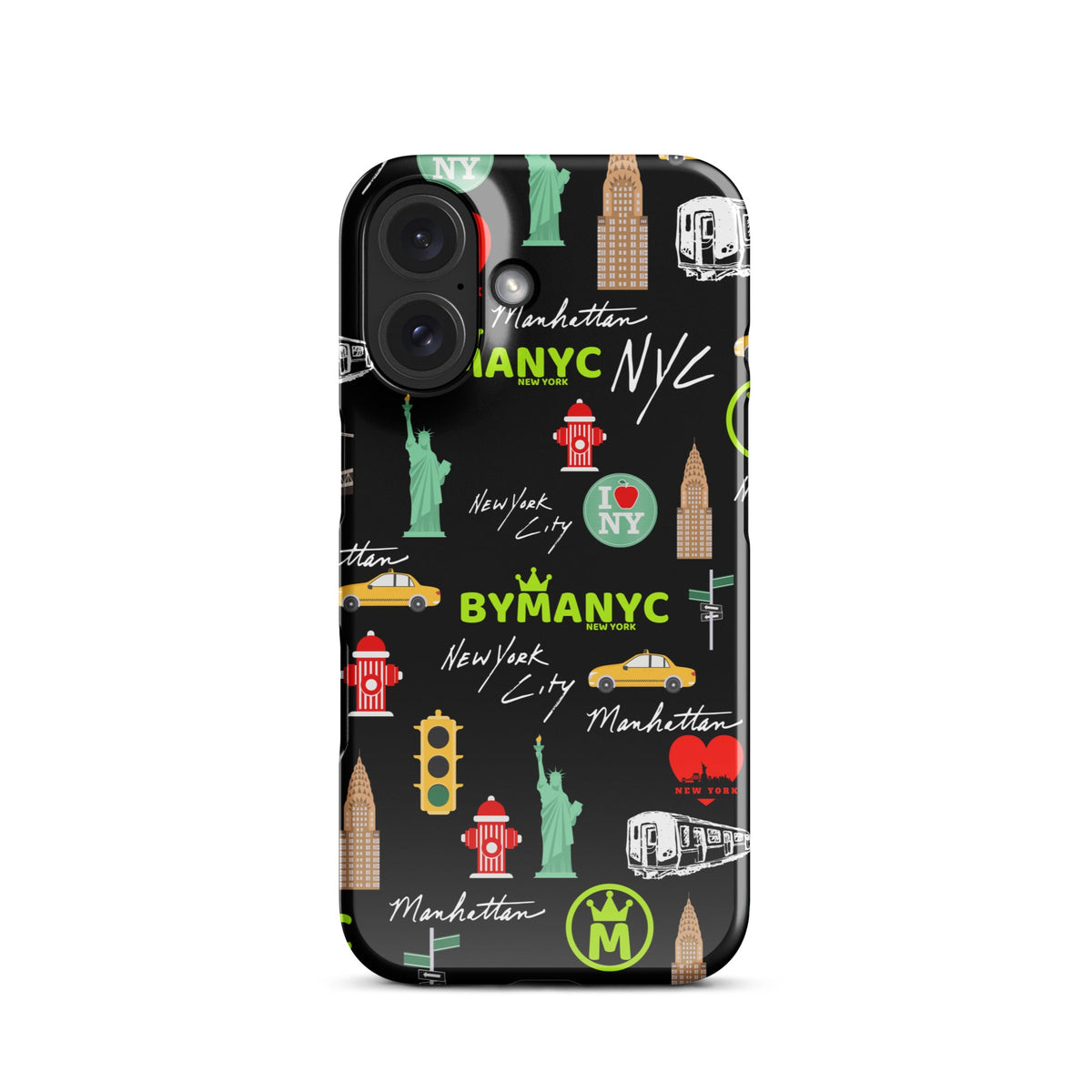 Phone case with New York City-themed design on a white background