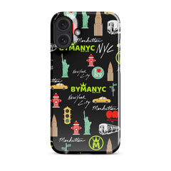 Phone case with New York City-themed design on a black background