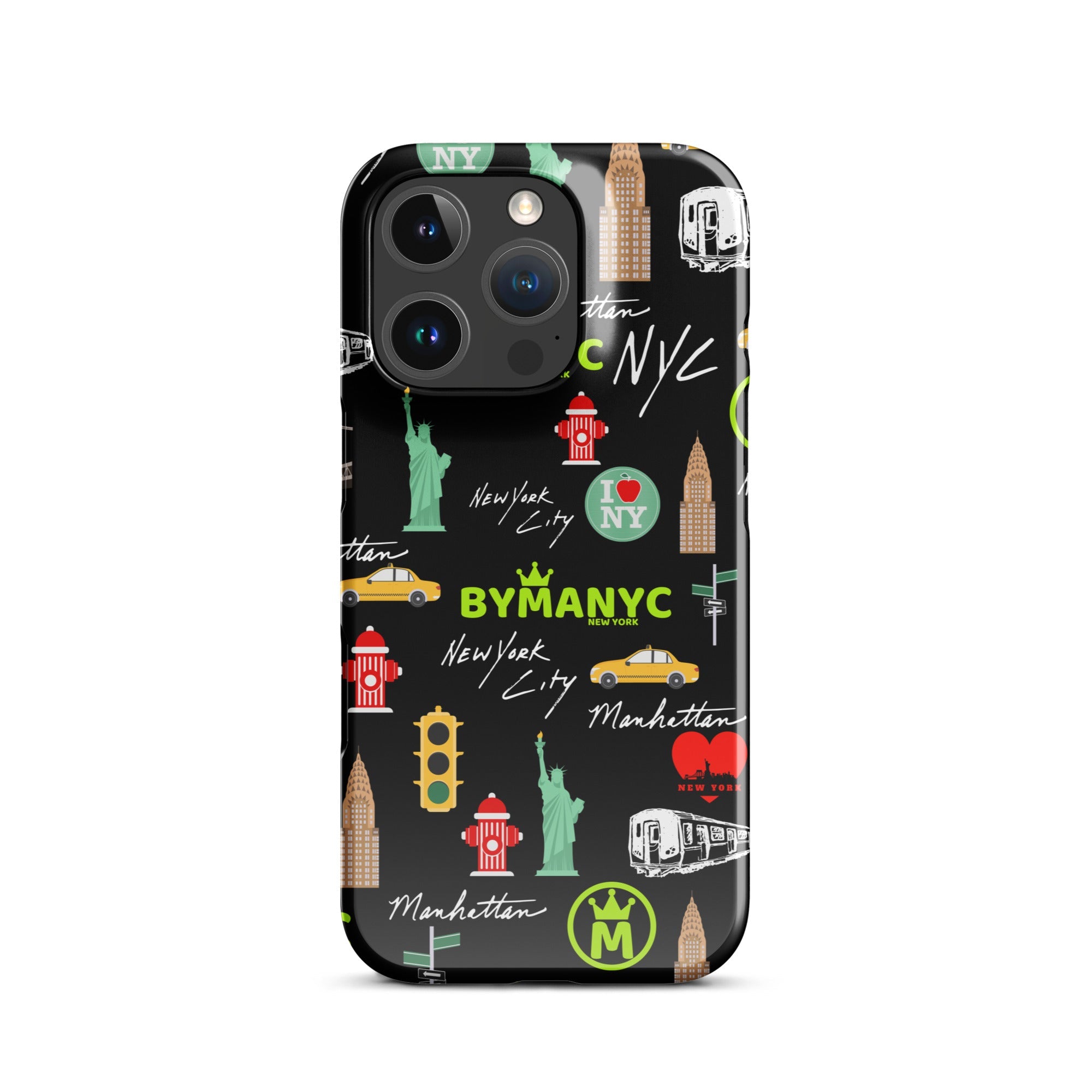 Phone case with New York City-themed design on a black background