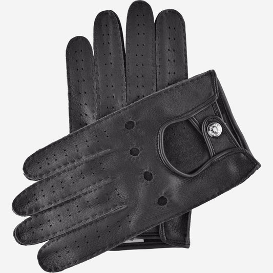 Black leather driving gloves with a button on a white background