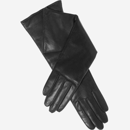 A pair of long black leather gloves, one laid flat and the other folded over, displayed on a clean light gray background.