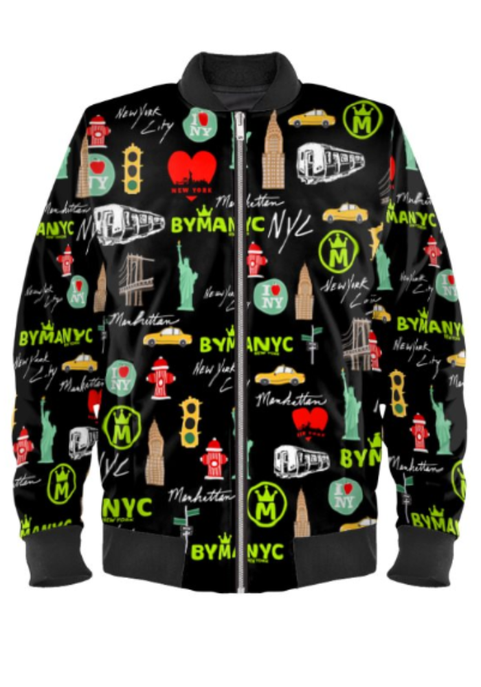Black bomber jacket with colorful NYC-themed graphics and text on a white background