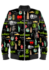 Black bomber jacket with colorful NYC-themed graphics and text on a white background