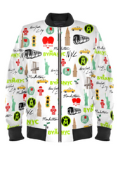 Jacket with New York City-themed graphics and text on a white background