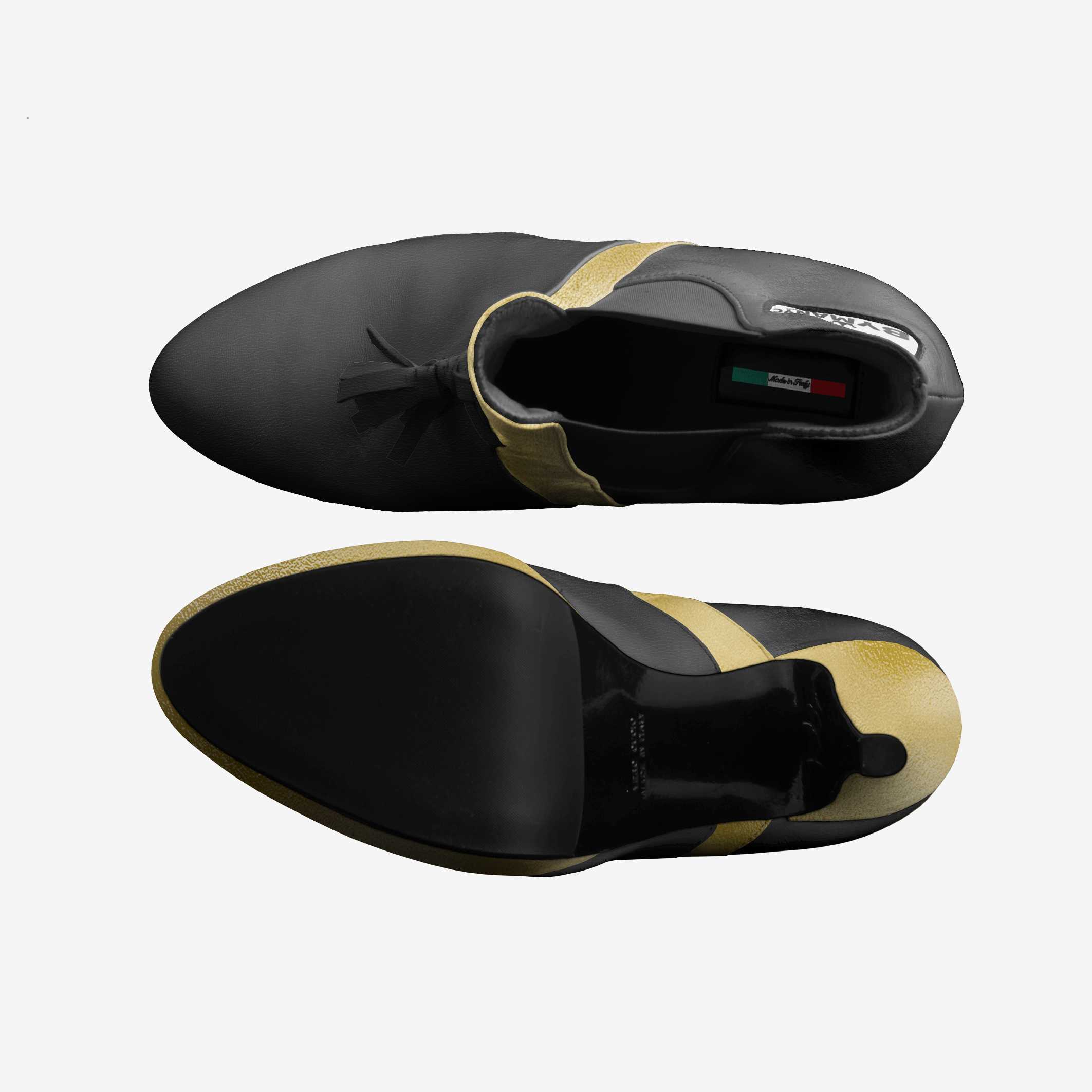 Black and gold shoes with a brand logo on a white background