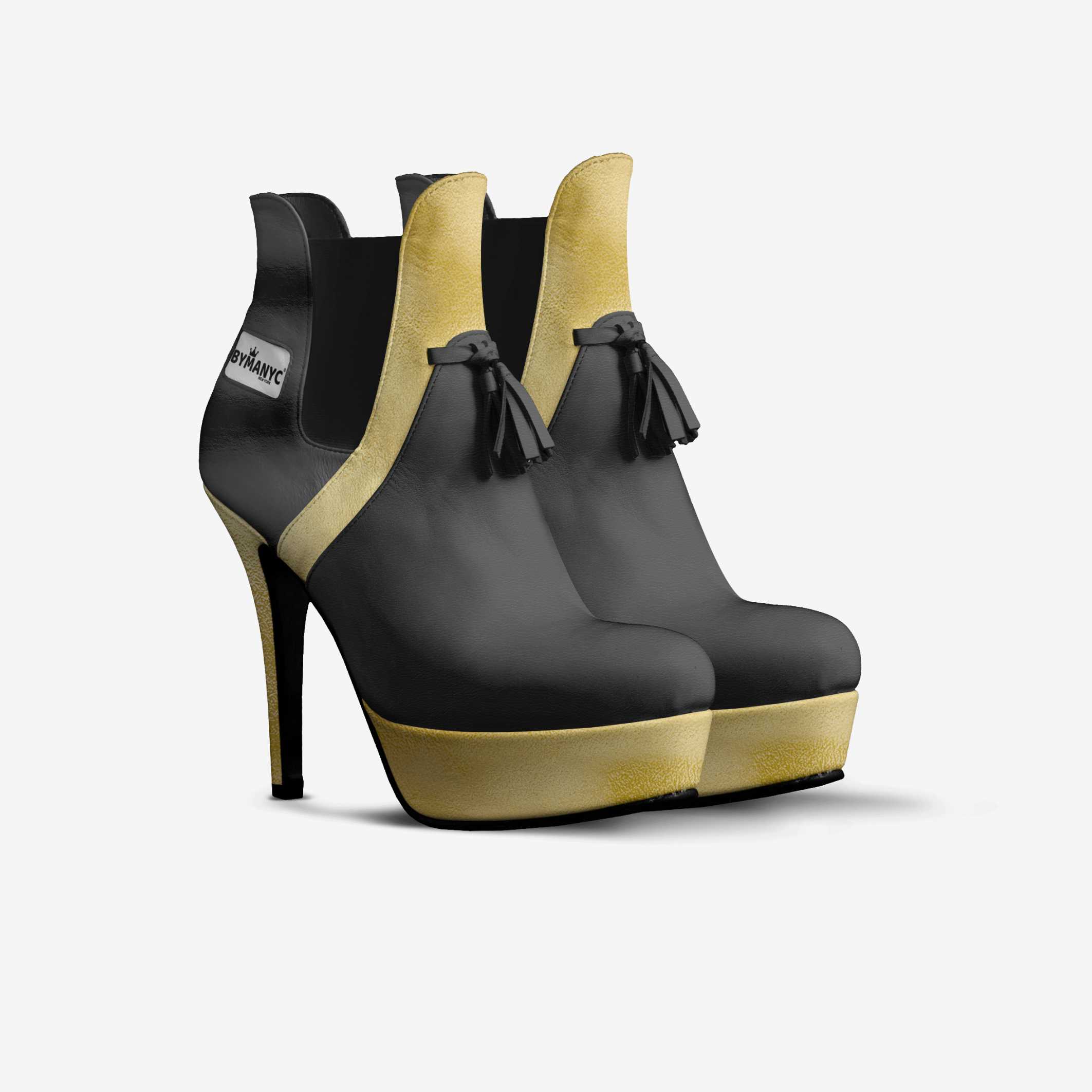 Black high-heeled shoes with gold accents on a white background