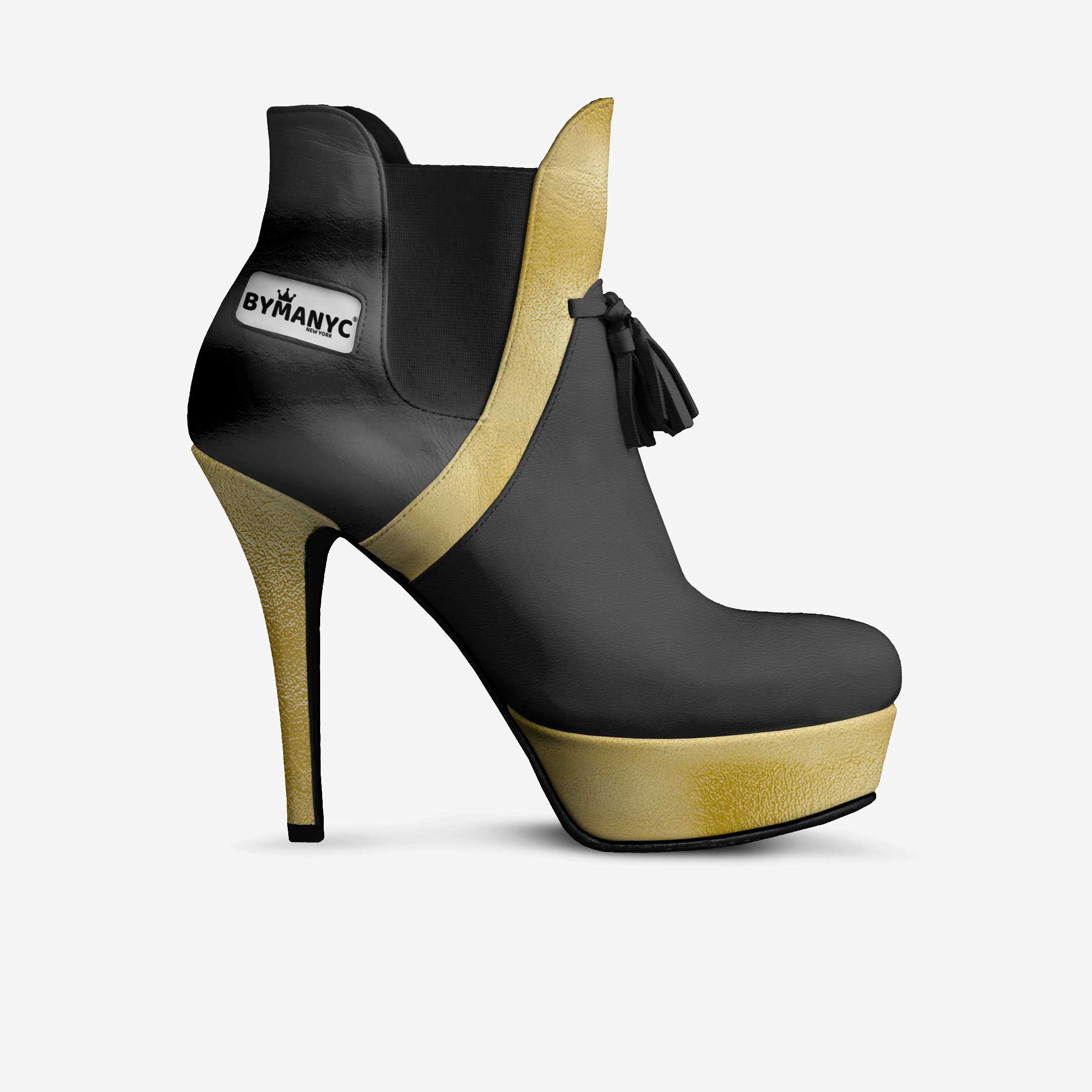 Black high-heeled shoe with gold sole and tassel, featuring 'BYMANYC' branding on a white background.