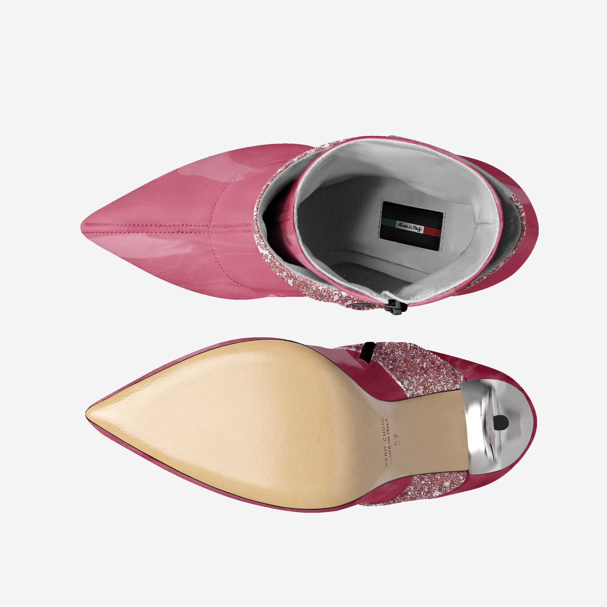 Pink high-heeled shoe with glittery sole and visible brand logo on a white background