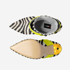 Zebra-patterned shoe with colorful sole on a white background