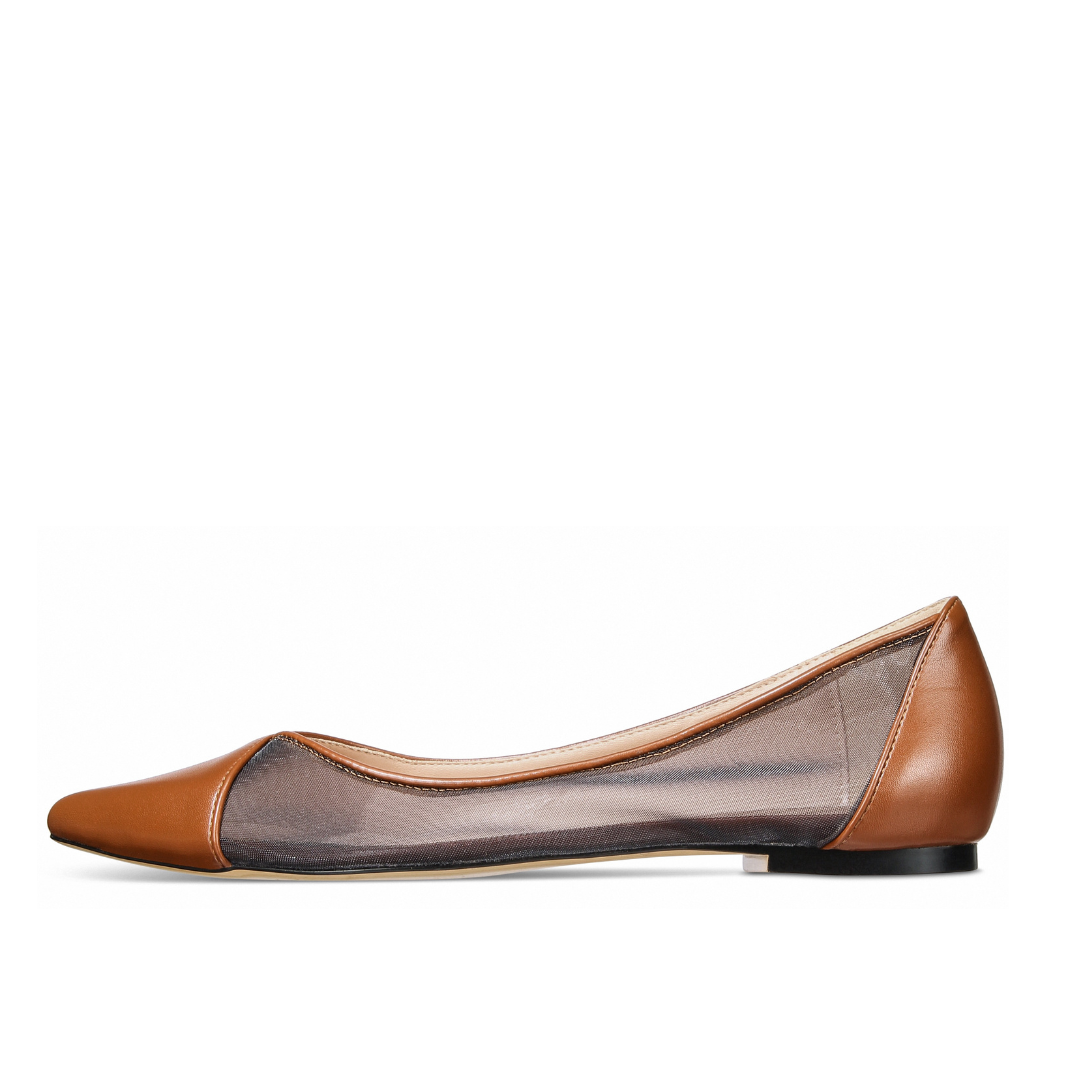 Brown flat shoe with mesh panel on a white background