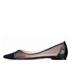 Black flat shoe with mesh design on a white background