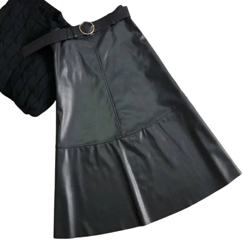 Long Faux Leather Skirt with Belt | High Waist Elegance