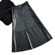 Long faux leather skirt with belt and high waist