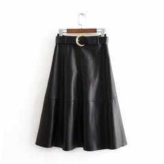 Long Faux Leather Skirt with Belt | High Waist Elegance