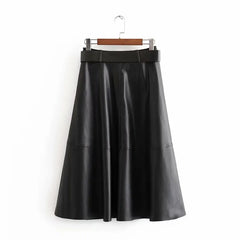 Long Faux Leather Skirt with Belt | High Waist Elegance