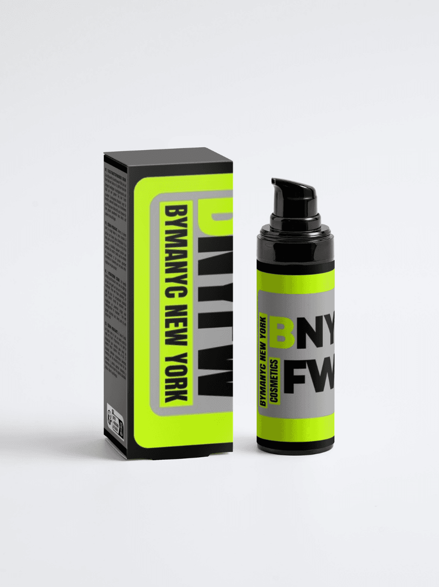 Cosmetic bottle and packaging with 'BYMATIC NEW YORK' branding on a light gray background