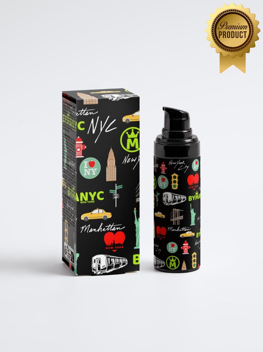 Black product bottle and packaging with NYC-themed graphics on a white background