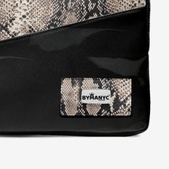 Black handbag with snake print patch featuring 'BYMANYC' logo on a white background