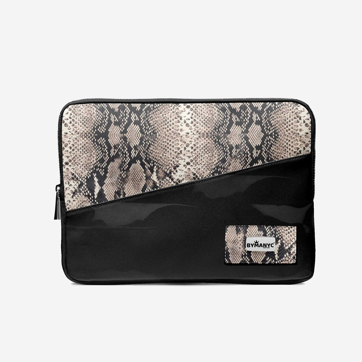 Black and snake print clutch bag with ByTancy logo on a light gray background