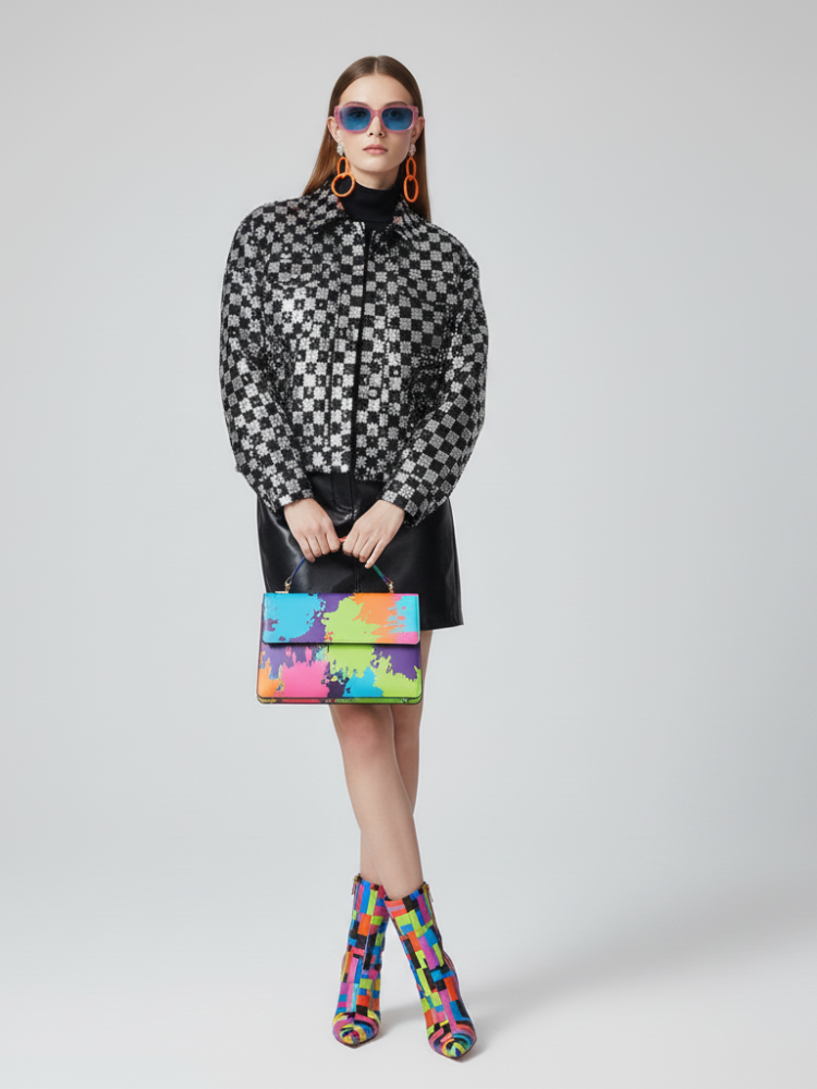 Person wearing a black and white checkered outfit with colorful accessories on a white background