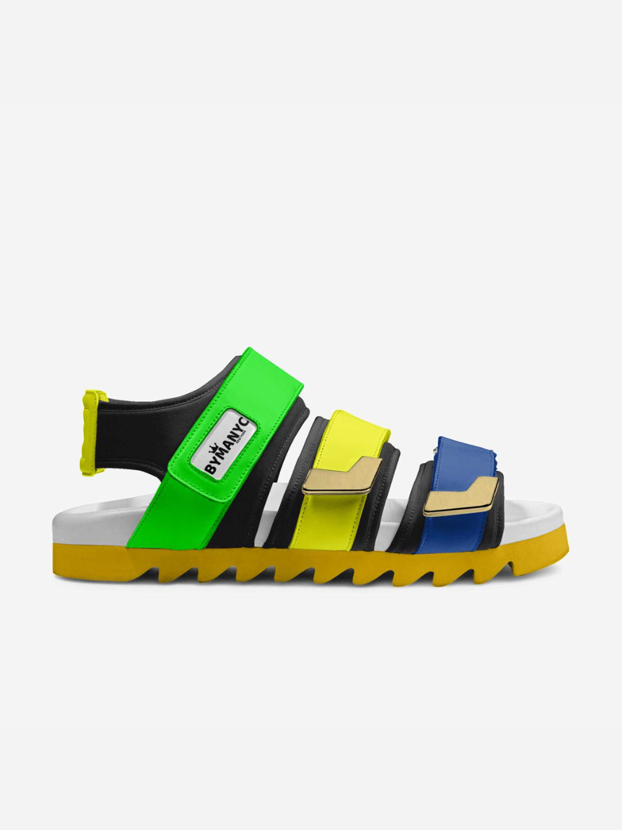 Colorful sandal with multiple straps on a white background