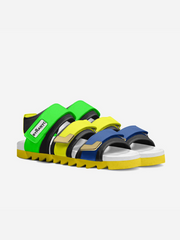 Colorful sandals with a visible brand logo on a white background