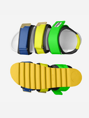 Colorful slide sandals with different strap designs on a white background