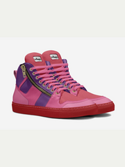 Pink and purple sneaker with a zipper on a white background