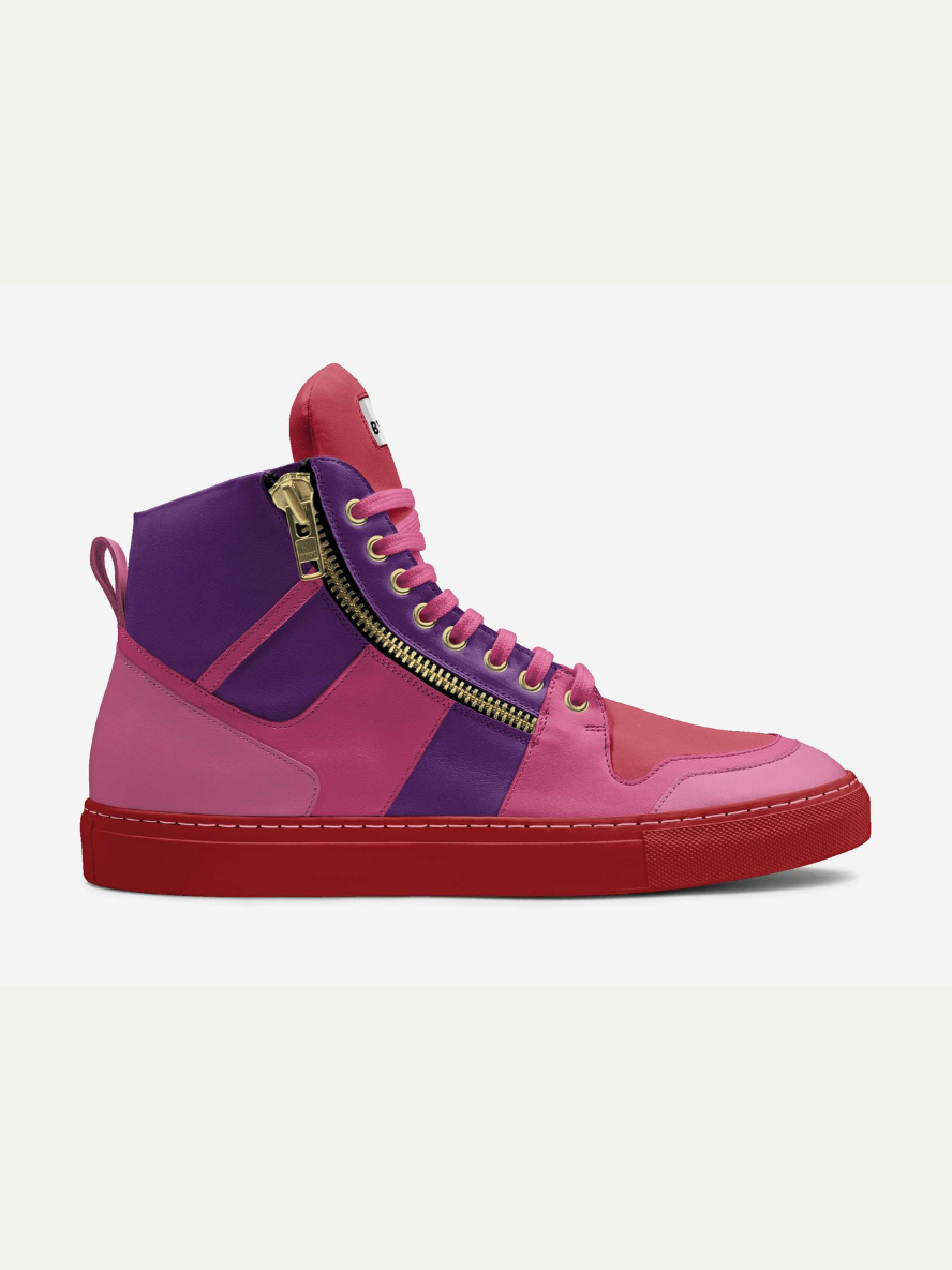 Pink and purple sneaker with a zipper on a white background