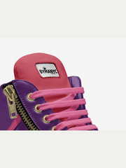 Purple and pink sneaker with a visible brand logo on a white background