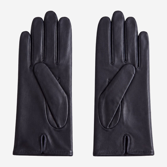 A pair of black leather gloves shown flat against a light gray background.