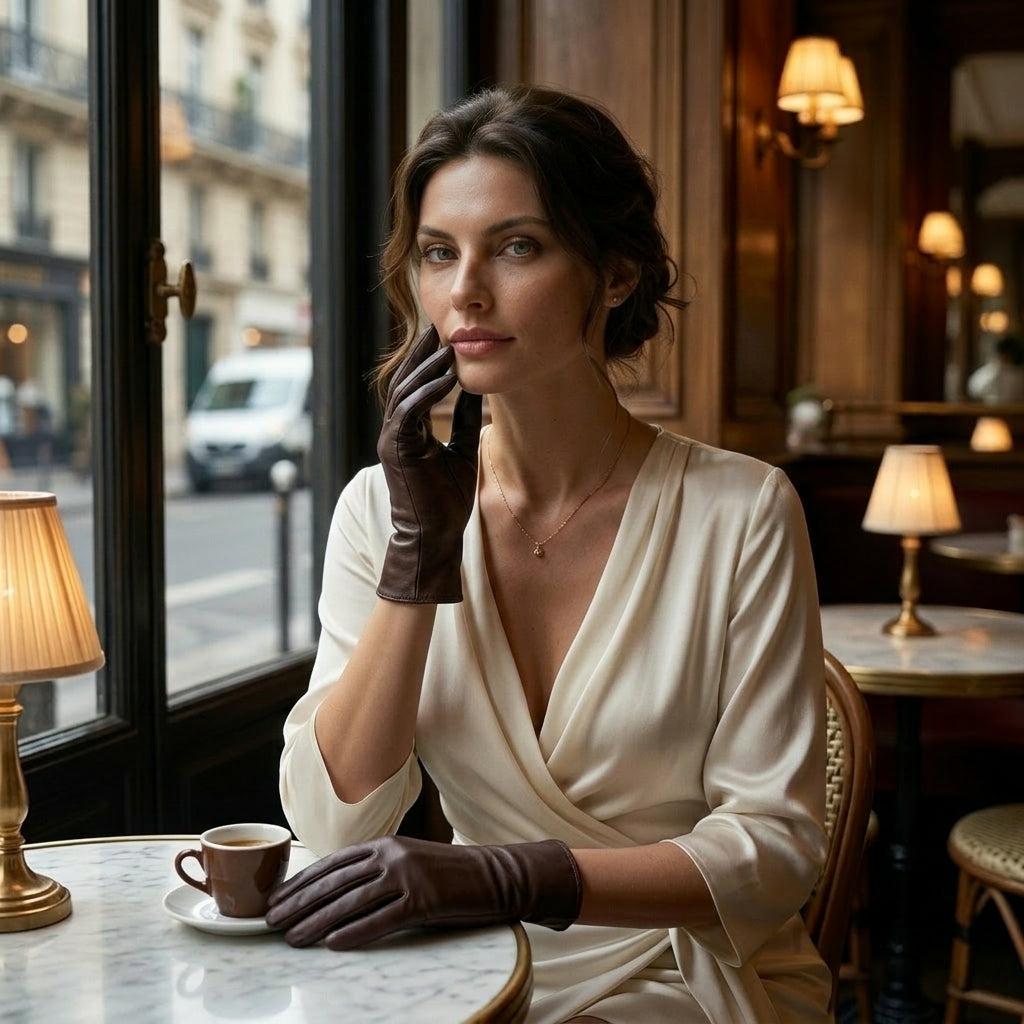 Woman in a white dress and gloves sitting at a cafe table with a cup of coffee.