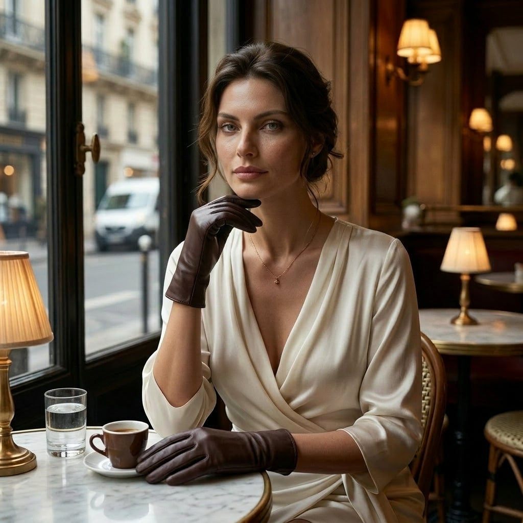 A woman seated at a cafe table wearing a cream satin wrap dress and dark brown long gloves, with a coffee cup and glasses on the table beside a window.
