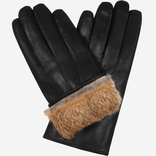 Black leather gloves with fur cuff on a white background