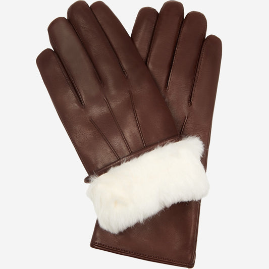 Brown leather gloves with white fur cuff on a white background
