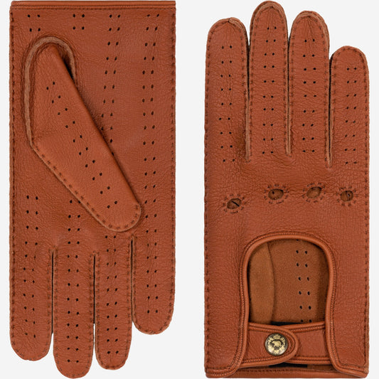 Brown leather driving glove with perforations on a white background