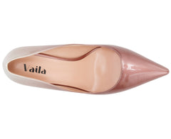 Pink high-heeled shoe with 'Vaila' branding on a white background