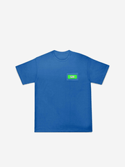 Blue t-shirt with a green logo on a white background