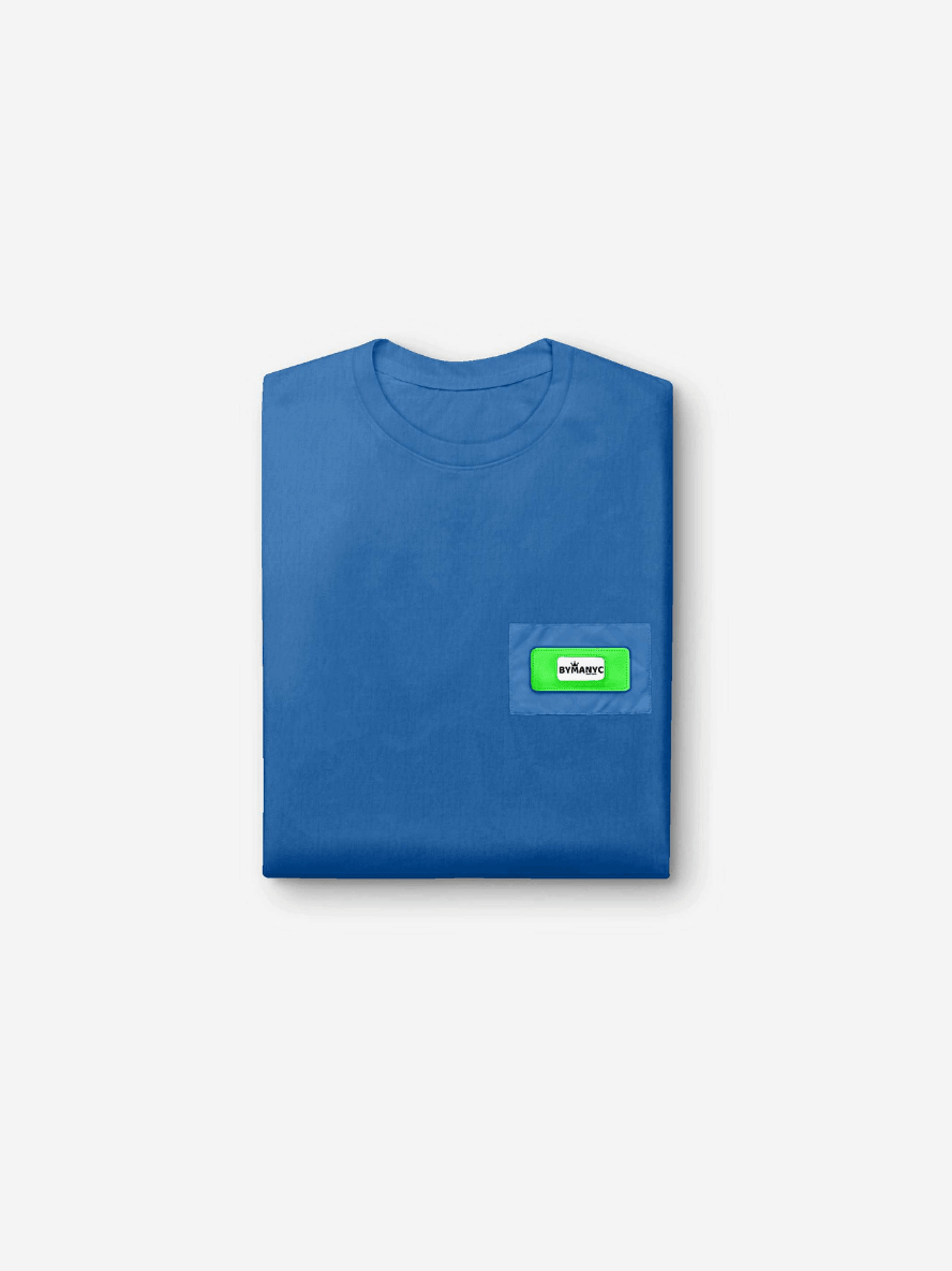 Blue t-shirt with a green logo on a white background