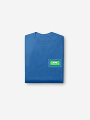 Blue t-shirt with a green logo on a white background